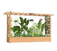 Outsunny Jardinière Surélevée avec Treillis Latéral et Supérieur, bac à Fleurs, lit surélevé Trous de Drainage, pour Plantes grimpantes, Fleurs, extérieur, Bois Massif, 200x44x113,5cm, Bois Naturel