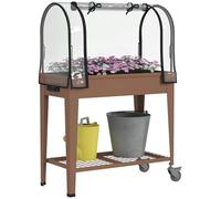 Outsunny Jardinière surélevée Potager avec bâche Transparente, Mini Serre de Jardin, 2 roulettes et 1 étagère inférieure pour légumes, Fleurs, dim. 80L x 40l x 120H cm, Marron