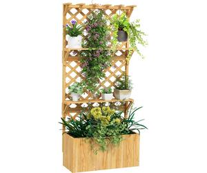 Outsunny Jardiniššre avec treillis lit suršŠlevšŠ de jardin potager sur pied en bois avec šŠtagššres, trous de drainage et doublure, bac š€ fleurs pot de plantes pour balcon terrasse patio, naturel