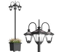 Outsunny Lampadaire Extérieur sur Pied à 3 Têtes, Lampadaire Solaire Extérieur avec Bac à Fleurs, Éclairage LED, Capteur Automatique Crépuscule à L'aube, Hauteur Réglable, pour Jardin Cour Allée, Noir
