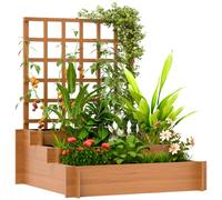 Outsunny Lit de Jardin surélevé 3 Niveaux avec Treillis, Marron | Lits surélevés en bois, pour jardin patio, bac à plantes extérieur, pour légumes, fleurs, herbes, grimpeurs