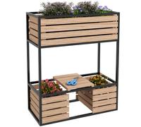 Outsunny Lit surélevé 2 Niveaux étagère Marron Clair 83x39x100 cm | Bac à fleurs, lit légumes surélevé avec voile intérieur, lit herbes pour jardin, balcon