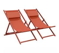 Outsunny Lot de 2 bain de soleil, chaise longue pliante avec appuie-tête en textilène inclinable 60 x 100 x 85 cm, rouge brique