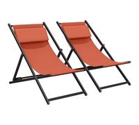 Outsunny Lot de 2 Bain de Soleil, Chaise Longue Pliante avec appuie-tête en textilène, transat Jardin extérieur inclinable de Plage Camping Piscine terrasse, 60 x 100 x 85 cm, Rouge Brique