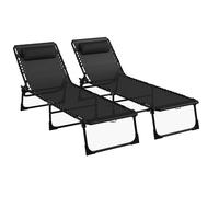 Outsunny Lot de 2 bain de soleil transat pliable dossier inclinable multi-positions acier lacets élastiques textilène noir