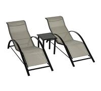 Outsunny Lot de 2 Bains de Soleil Design Contemporain Table Basse Plateau Verre trempé métal époxy textilène Gris