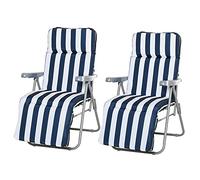 Outsunny Lot de 2 Chaise Longue Bain de Soleil Adjustable Pliable avec Coussin transat lit de Jardin en Acier Bleu + Blanc