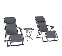 Outsunny Lot de 2 Chaise Longue gravité zéro - Ensemble transat 3 pièces avec Table d'appoint et Porte-gobelets - Bain de Soleil Pliable, Dossier réglable et Appui-tête pour terrasse, Piscine, Gris