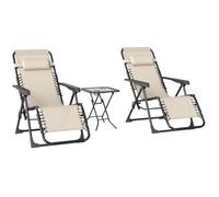 Outsunny Lot de 2 Chaise Longue Jardin Gravité Zéro Table d'Appoint Beige | Ensemble Transat 3 Pièces, Porte-Gobelets, Bain de Soleil Pliable, Dossier Réglable, Appui-Tête, Terrasse Piscine