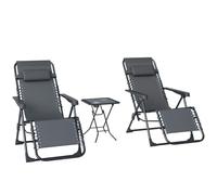 Outsunny Lot de 2 Chaise Longue Jardin Gravité Zéro Table d'Appoint Gris | Ensemble Transat 3 Pièces, Porte-Gobelets, Bain de Soleil Pliable, Dossier Réglable, Appui-Tête, Terrasse Piscine