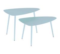 Outsunny Lot de 2 tables basses de jardin, tables d'appoint gigognes triangulaires, cadre en acier patins ajustables bleu clair