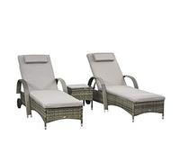 Outsunny Lot de 2 transats bains de soleil gris – têtière inclinable, roulettes + table basse verre