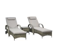 Outsunny Lot de 2 transats : matelas, têtière, inclinaison réglable multipostions, accoudoirs, roulettes + table basse résine tressée 4 fils gris