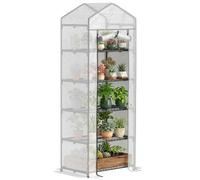 Outsunny Mini Serre 5 Niveaux avec Couverture PE 69x49x193cm Blanc/Gris | Serre portable, couverture renforcée, serre de jardin, porte enroulable, étagères, petit jardin
