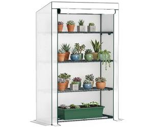 Outsunny Mini Serre adossée à 4 Niveaux avec Housse en polyéthylène renforcé, Petite Serre Portable avec Porte Enroulable, Bordure Verte, 110 x 50 x 171 cm, Vert