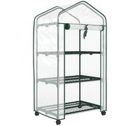 Outsunny Mini serre de jardin avec 3 étagères, bâche PVC haute densité, porte enroulable 4 roulettes 69 x 49 x 130 cm transparent