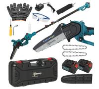Outsunny Mini Tronçonneuse à Batterie 8 Pouces 6000mAh 580W Bleu | Élagueuse Sans Fil, Branches Jardin, 2 Batteries, Perche Télescopique, Verrouillage Sécurité