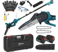 Outsunny Mini tronçonneuse à batterie 8 pouces 6000mAh 580W élagueuse sans fil pour branches et jardin avec 2 batteries perche télescopique et verrouillage de sécurité bleu
