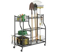 Outsunny Organisateur d'Outils de Jardin en Acier à 3 Niveaux 4 Roues Noir | 32 Emplacements, 11 Crochets, Porte-Outils de Jardin pour Pelles et Râteaux Longs, Rangement Outils Jardin