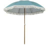 Outsunny Parasol de plage mât effet bois Ø 1,7 m, grand parasol à franges hauteur réglable, UPF50+ sac de transport, bleu clair