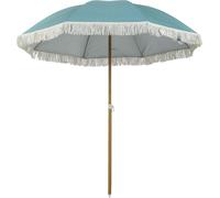 Outsunny Parasol de plage mât effet bois Ø 1,7 m, grand parasol à franges réglable en hauteur, avec protection solaire UPF50+, légère sac de transport inclus, bleu clair