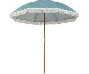 Outsunny Parasol de plage mât effet bois Ø 1,7 m, grand parasol à franges réglable en hauteur, avec protection solaire UPF50+, légère sac de transport inclus, bleu clair