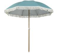 Outsunny Parasol de plage mât effet bois grand parasol à franges réglable en hauteur Ø 1,7 m avec protection solaire UPF50+, sac de transport léger inclus bleu clair