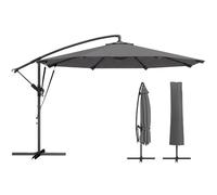Outsunny Parasol Déporté Rond Ø3m Double Cordes de Fixation Gris Foncé | Housse de Protection, Parasol de Jardin Extérieur, 8 Baleines, Manivelle, Inclinable, Anti-UV, Pieds en Croix