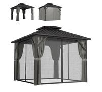 Outsunny Pavillon 3 x 3 m avec Toit Rigide en Acier Galvanisé, Protection UPF50+, Cadre en Aluminium, Rideaux et Moustiquaire, Crochet de Plafond, Gris Foncé