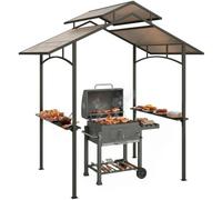 Outsunny Pavillon Grill Toit Ignifuge 2,5x1,5m Noir+Marron | Pavillon BBQ, avec 2 étagères, PC