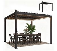 Outsunny Pergola bioclimatique 3x3m avec lumières LED solaires, pergola à lames orientables, gouttières, noir