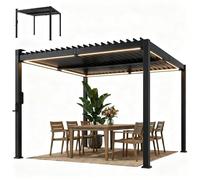 Outsunny Pergola bioclimatique 3x3m avec lumières LED solaires, pergola à Lames orientables, Toit métallique, gouttières, manivelle, tonnelle de Jardin abri terrasse, Protection Soleil, Noir