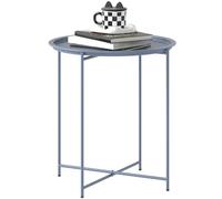 Outsunny Petite Table Basse Ronde, Table d'Appoint de Jardin, Plateau Amovible avec Bord Relevé, Pieds Pliables, Cadre en Métal, pour Balcon, Terrasse, Salon, Bleu Gris