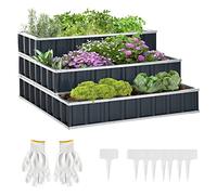 Outsunny Plate-bande surélevée en acier à 3 niveaux avec panneaux en forme de T, gants, parterre de plantes, escalier de fleurs, pour balcon, jardin, gris foncé 118 x 118 x 62 cm