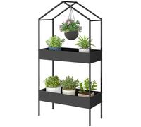 Outsunny Porte-plantes 2 niveaux en forme de maison, 150 cm, porte-fleurs avec crochet, métal, Noir