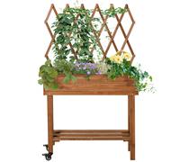 Outsunny Potager surélevé, treillis intégré, étagère de rangement, roues, bois massif, marron, 79 x 29 x 130 cm