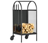 Outsunny Range-bûches porte bûches sur roulettes avec accessoires pelle balai et tisonnier 37,5 x 37,5 x 80 cm noir