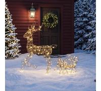 Outsunny Renne de Noël avec Traîneau Lumineux 2 Pièces en Rotin PP | 175 LED Blanc Chaud, 8 Modes et Minuterie, Décorations de Noël pour Intérieur Extérieur, Pelouse, Jardin, Cour