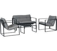 Outsunny Salon de jardin 4 pièces 4 personnes avec canapé 2 places, 2 fauteuils et 1 table basse 3 coussins pour terrasse Jardin - acier noir polyester gris