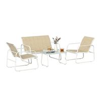 Outsunny Salon de Jardin 4 pièces avec canapé, fauteuils et Table Basse, Ensemble de mobilier de Jardin avec Plateau en Verre trempé et Pieds réglables, Kaki et Blanc