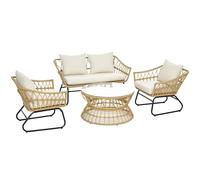 Outsunny Salon de Jardin 4 pièces en résine tressée canapé 2 Places + 2 fauteuils + 1 Table Basse Plateau Verre trempé 7 Coussins - Structure en Acier - Sable et crème