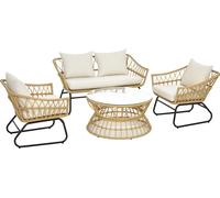 Outsunny Salon de jardin 4 piššces en ršŠsine tressšŠe canapšŠ 2 places + 2 fauteuils + 1 table basse plateau verre trempšŠ 7 coussins - structure en acier - sable et crššme