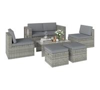 Outsunny Salon de Jardin 6 Pièces en Résine Tressée Demi-Ronde - Mobilier Encastrable Gain de Place - Canapé 2 Places, 2 Fauteuils, 2 Poufs et Table Verre Trempé pour Terrasse Balcon, Gris