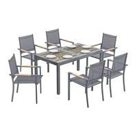 Outsunny Salon de Jardin 7 Pièces - Table Effet Bois sans Entretien et 6 Chaises Empilables en Textilène - Ensemble Mobilier de Jardin Résistant pour Repas en Terrasse, Gris Anthracite