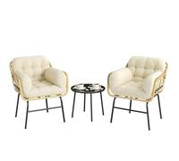 Outsunny Salon de Jardin Extérieur 3 Pièces en Résine Tressée avec 2 Fauteuils et 2 Coussins, Table Basse en Verre Trempé, Mobilier de Jardin pour Terrasse Balcon Patio, Kaki