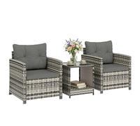 Outsunny Salon de Jardin Extérieur 3 Pièces en Résine Tressée avec Table de Rangement et 2 Fauteuils Coussins Déhoussables, Mobilier pour Terrasse Patio Balcon, Gris Clair