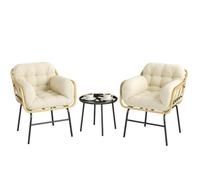 Outsunny Salon de Jardin Extérieur 3 Pièces en Résine Tressée Crème | 2 Fauteuils, 2 Coussins, Table Basse en Verre Trempé, Mobilier de Jardin pour Terrasse Balcon Patio