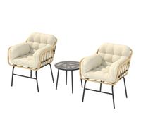 Outsunny Salon de Jardin Extérieur 3 Pièces en Résine Tressée, Table en Verre Trempé, 2 Fauteuils avec Coussins, 62x73x79cm, Kaki