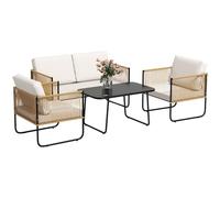 Outsunny Salon de jardin 4 pièces 4 pers, résine tressée, canapé 2 places, table verre trempé, crème