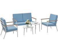 Outsunny Salon de jardin extérieur 4 personnes, salon de balcon 5 pièces avec canapé, 2 fauteuils et 2 tables basses en verre trempé, coussins inclus, mobilier de jardin patio terrasse, bleu clair